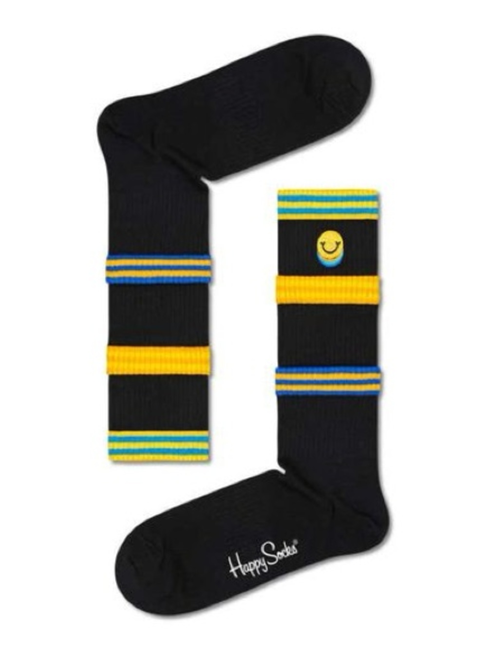 HAPPY SOCKS UNISEX COLORS CUFFED SNEAKER SOCKS BLACK SMILE FACE AND STRIPES NWT